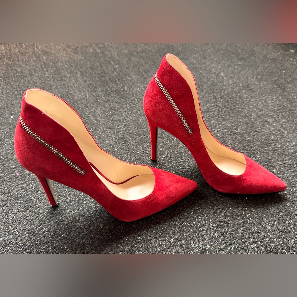 Nine West Red Suede Heels with Zipper Detail